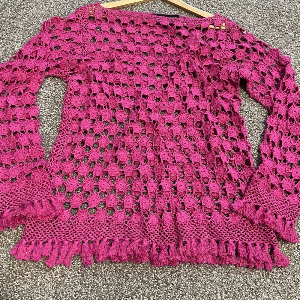 Open Knit Crochet Long Sleeve Sz L Tassel Fringe Boho Hippie Festival Layering - Picture 7 of 7